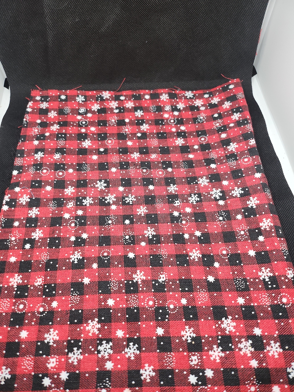 Red and Black Buffalo Plaid Fabric Panel with White Snowflake Print 10x15